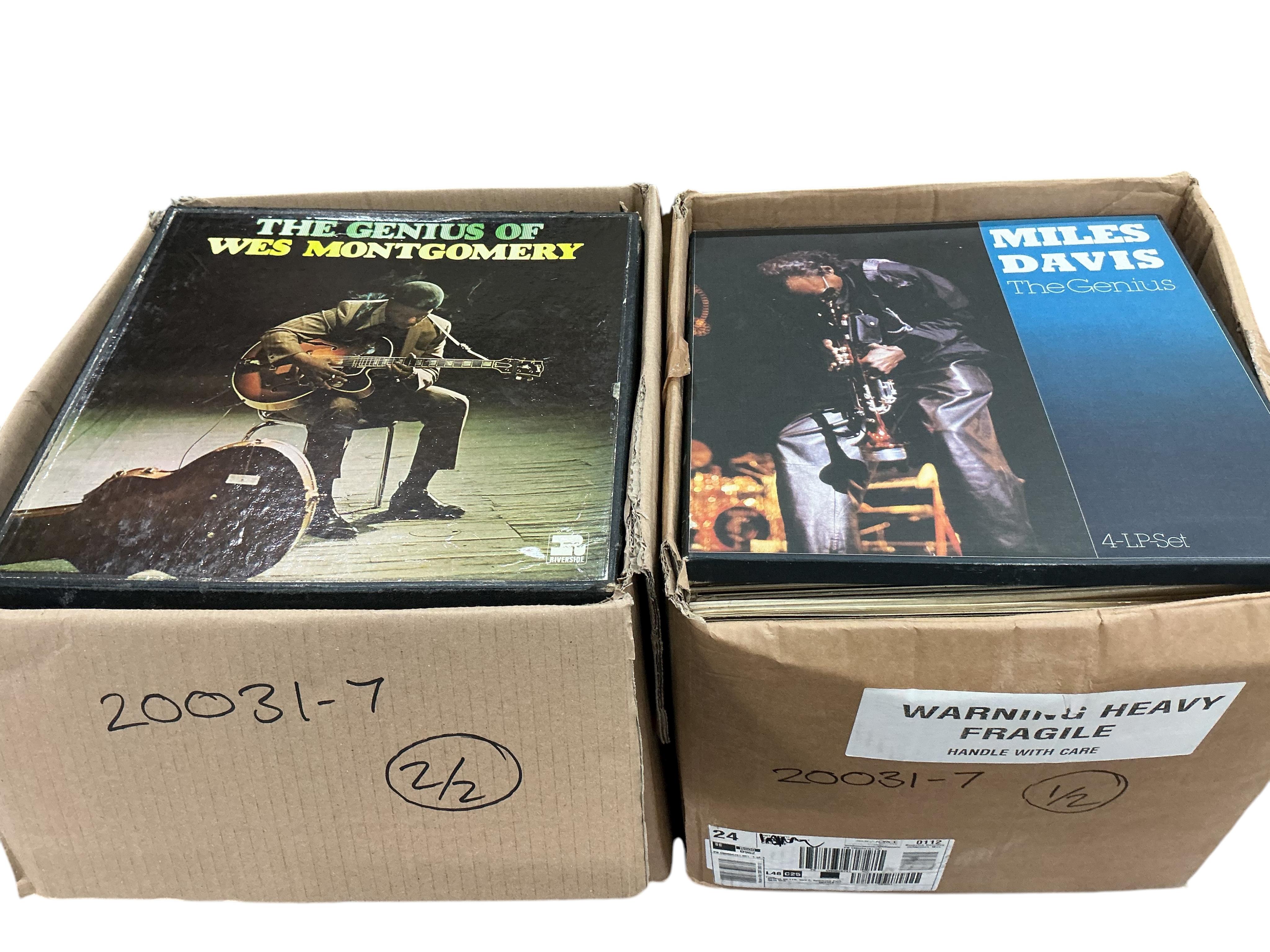 Two boxes of jazz LP record albums, artist including; Jack Montrose Sextet, Gerry Mulligan Quartet, Wes Montgomery, Eartha Kitt, Art Pepper, Bud Shank Quartet, Gil Fuller, Duke Ellington, etc.